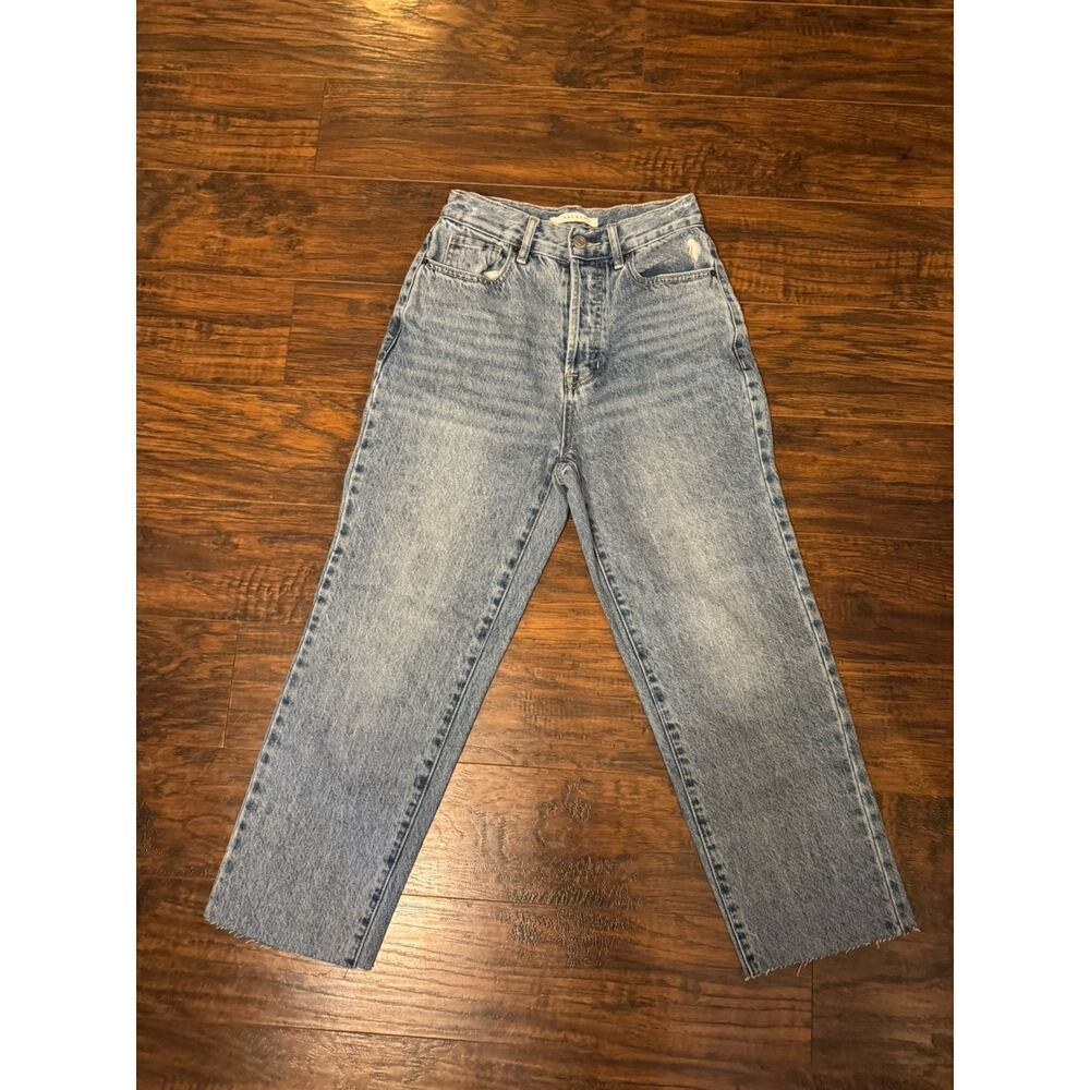 PacSun High Rise Straight Button Fly Jeans Womens 23 Medium Blue Denim Raw Hems